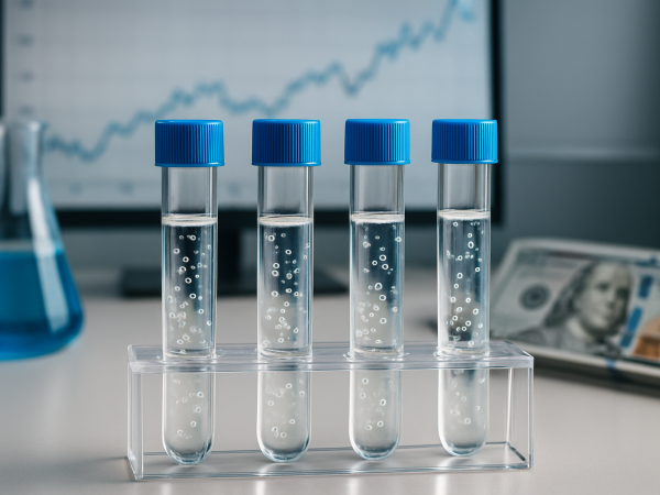 Test tubes filled with clear liquid sitting on a laboratory bench with a background of a financial chart and money.