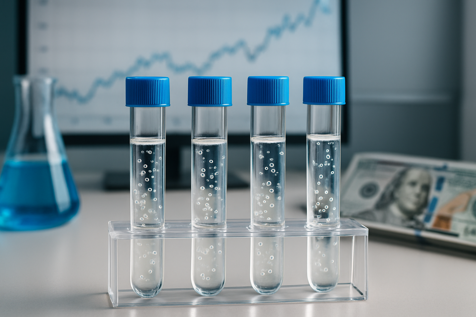 Test tubes filled with clear liquid sitting on a laboratory bench with a background of a financial chart and money.